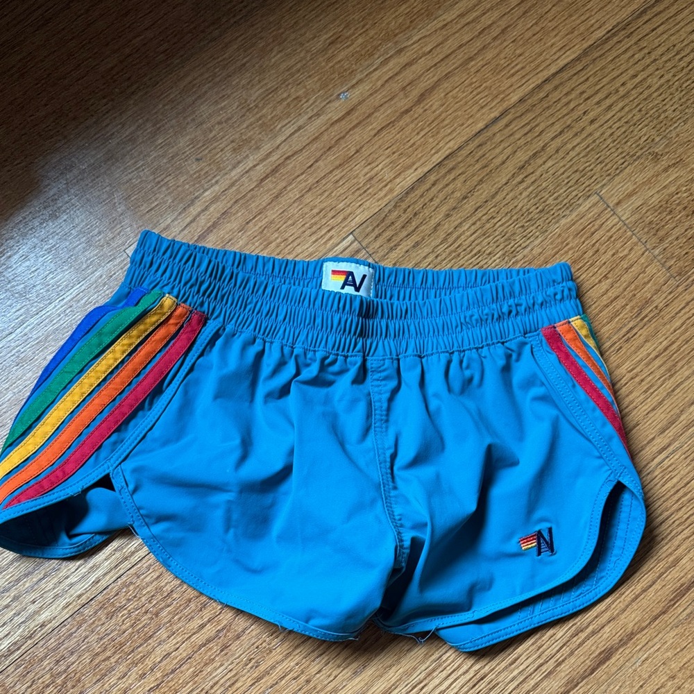 Aviator Nation Blue Athletic Shorts with Rainbow Stripes